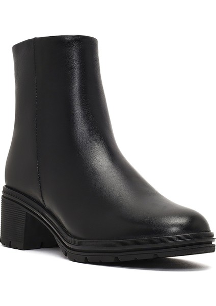 Kadın Siyah Fermuarlı Kısa Kalın Topuklu Deri Bot 25WFD414218