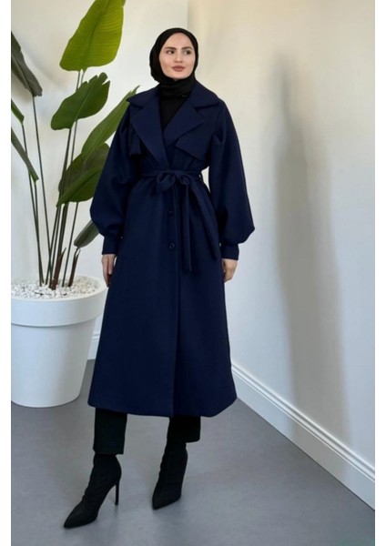Danisa Cepkenli Astarlı Balon Kol Tesettür Kaban- Lacivert