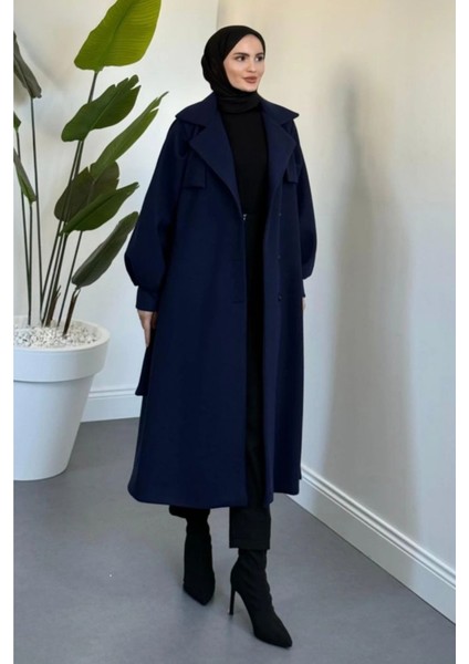 Danisa Cepkenli Astarlı Balon Kol Tesettür Kaban- Lacivert modelleri