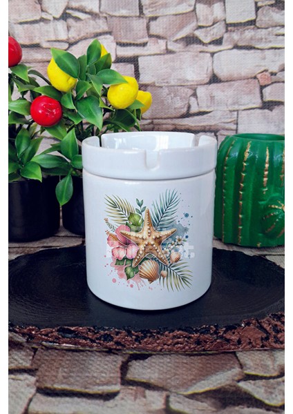 Deniz Yıldızı Yaz Temalı Baskılı Seramik Kapaklı Kokusuz Küllük