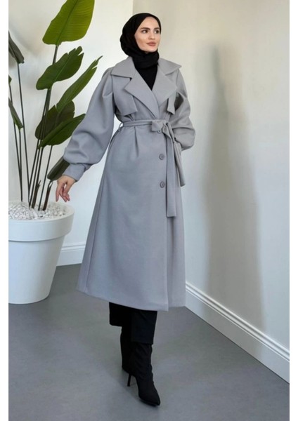 Danisa Cepkenli Astarlı Balon Kol Tesettür Kaban- Gri