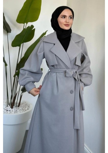 Danisa Cepkenli Astarlı Balon Kol Tesettür Kaban- Gri fiyatları
