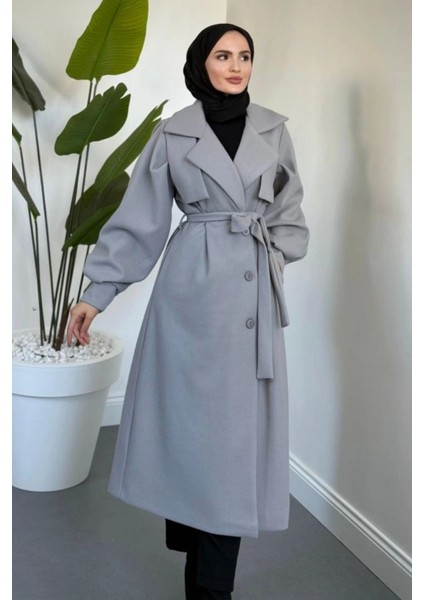Danisa Cepkenli Astarlı Balon Kol Tesettür Kaban- Gri modelleri