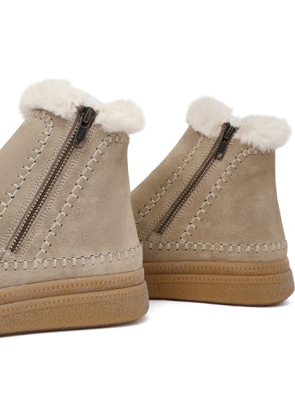 Kadın Bej Fermuarlı Kalın Tabanlı Süet Deri Teddy Bot 25WFD205110