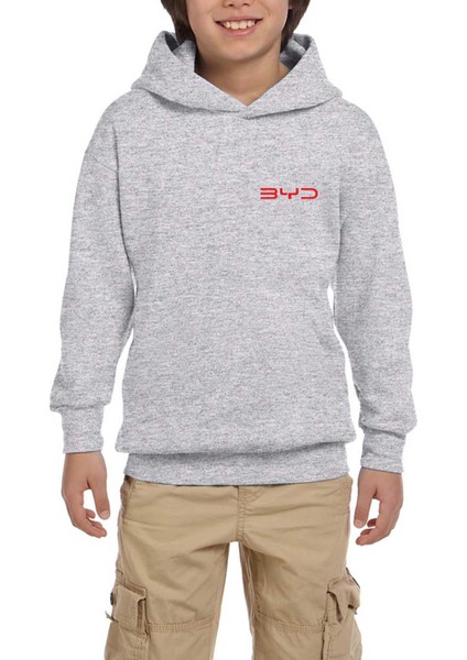 Byd Logo Text Red Gri Çocuk Kapşonlu Sweatshirt