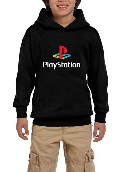 Playstation Logo White Siyah Çocuk Kapşonlu Sweatshirt