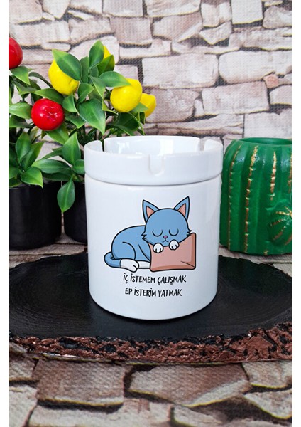 Iç Istemem Çalışmak Sevimli Kedi Eğlenceli Komik Hediyelik Baskılı Seramik Kapaklı Kokusuz Küllük