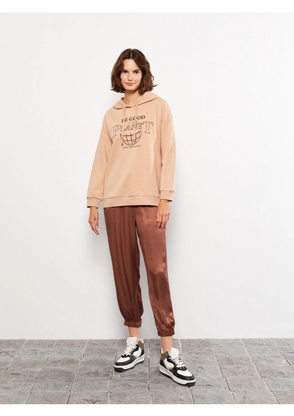 Lcw Vision Kahverengi Baskılı Kadın Kalın Hoodie