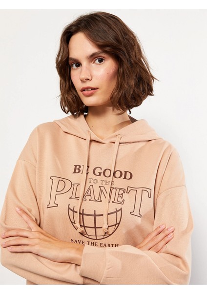 Lcw Vision Kahverengi Baskılı Kadın Kalın Hoodie modelleri