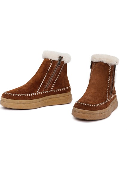Kadın Kahverengi Fermuarlı Kalın Tabanlı Süet Deri Teddy Bot 25WFD205110 modelleri