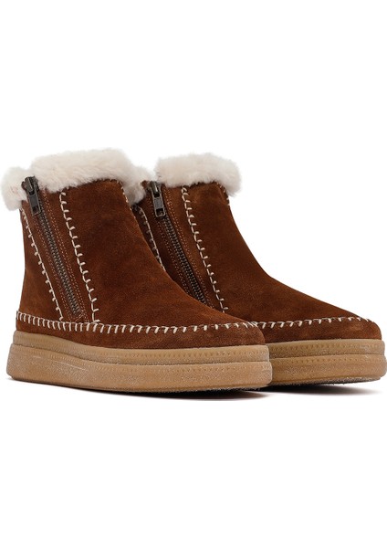 Kadın Kahverengi Fermuarlı Kalın Tabanlı Süet Deri Teddy Bot 25WFD205110