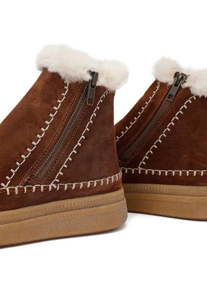 Kadın Kahverengi Fermuarlı Kalın Tabanlı Süet Deri Teddy Bot 25WFD205110