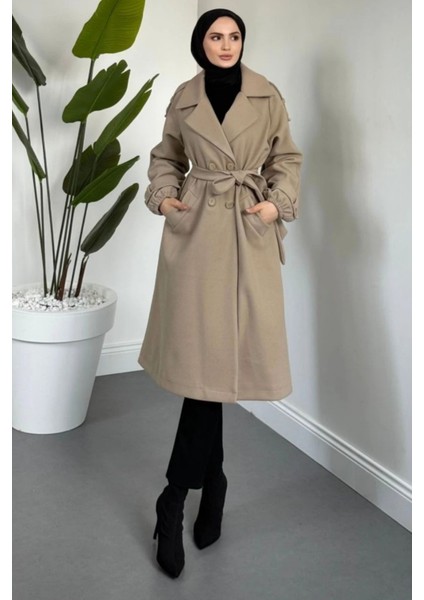 Glaze Astarlı Kolları Büzgülü Kaşe Tesettür Kaban- Vizon Standart (38-44 Uyumlu)