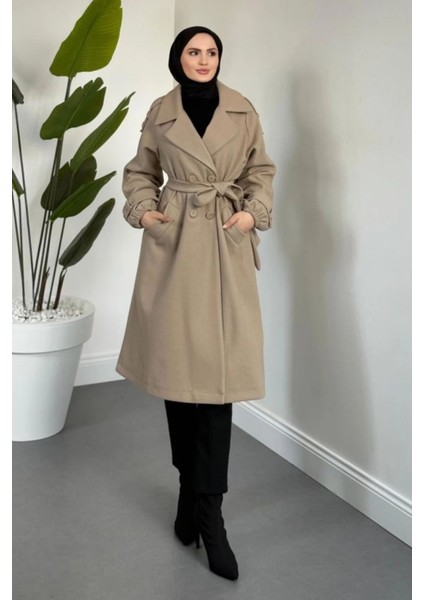 Glaze Astarlı Kolları Büzgülü Kaşe Tesettür Kaban- Vizon Standart (38-44 Uyumlu) fiyatları