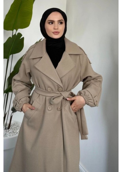 Glaze Astarlı Kolları Büzgülü Kaşe Tesettür Kaban- Vizon Standart (38-44 Uyumlu) modelleri