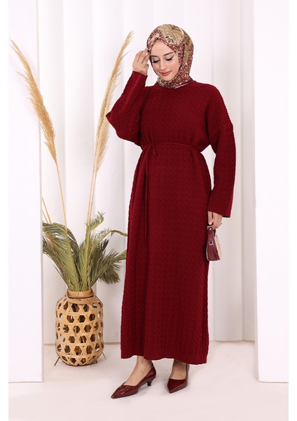 Örgülü Desenli Triko Elbise 18341 Bordo
