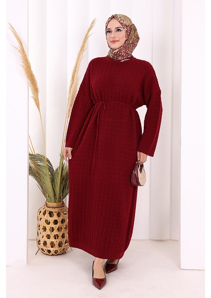 Örgülü Desenli Triko Elbise 18341 Bordo fiyatları
