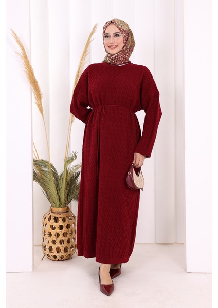 Örgülü Desenli Triko Elbise 18341 Bordo modelleri