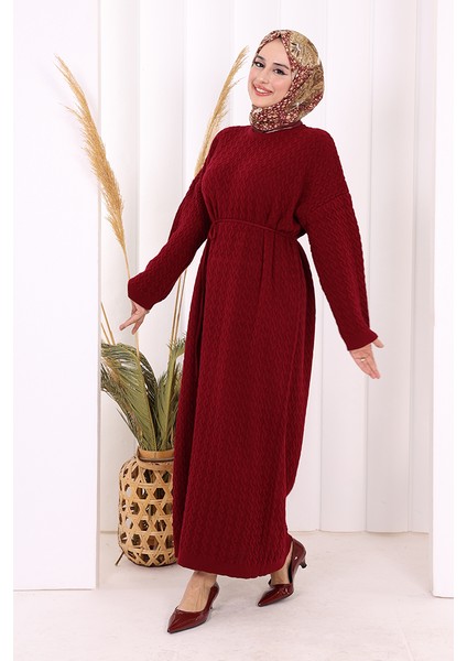 Örgülü Desenli Triko Elbise 18341 Bordo fırsatları