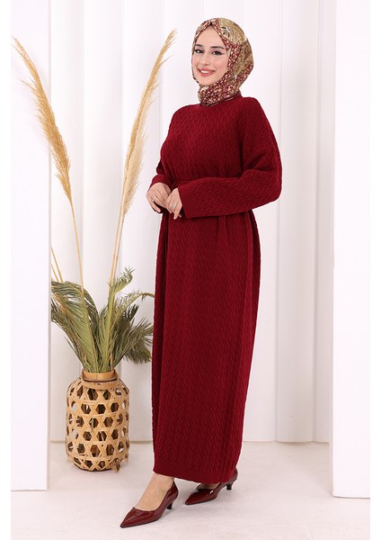 Örgülü Desenli Triko Elbise 18341 Bordo indirimleri