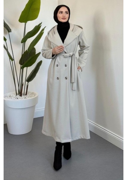 Arden Kapüşonlu Kuşaklı Tesettür Kaban- Bej