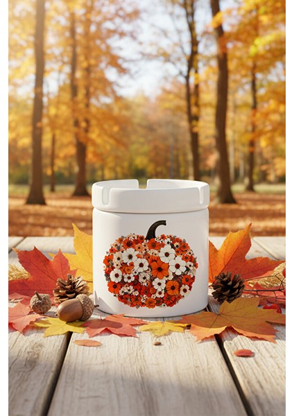 Boho Fall Pumpkin Floral Baskılı Seramik Kapaklı Kokusuz Küllük