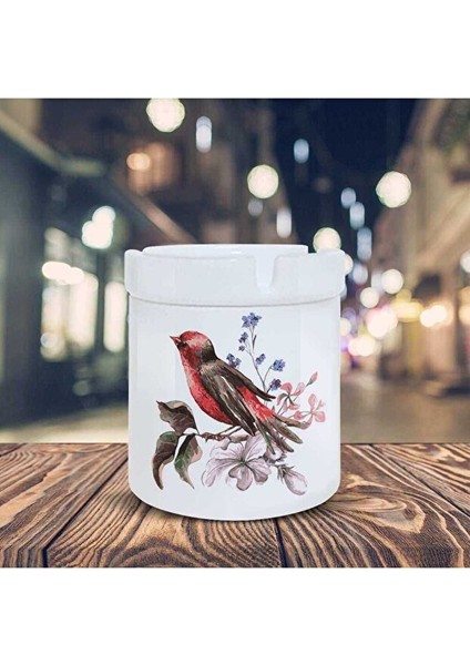 Daldaki Serçe Kuş Baskılı Seramik Küllük Kül Tablası