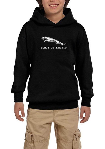 Jaguar Logo Silver Siyah Çocuk Kapşonlu Sweatshirt