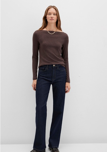 Uzun Kollu Geniş Yaka Kahverengi Tişört 1613596-88067