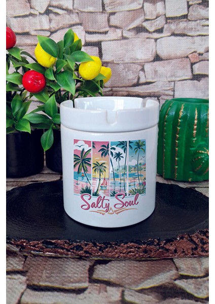 Summer Salty Soul Beach Yaz Temalı Baskılı Seramik Kapaklı Kokusuz Küllük