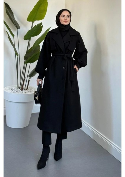 Danisa Cepkenli Astarlı Balon Kol Tesettür Kaban- Siyah