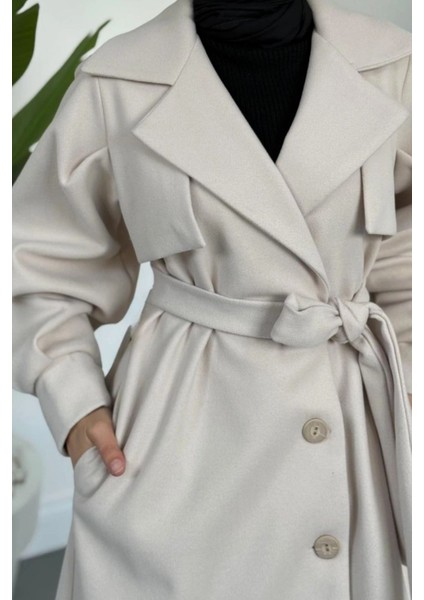 Danisa Cepkenli Astarlı Balon Kol Tesettür Kaban- Krem modelleri