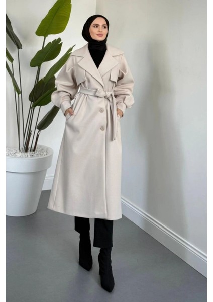 Danisa Cepkenli Astarlı Balon Kol Tesettür Kaban- Krem