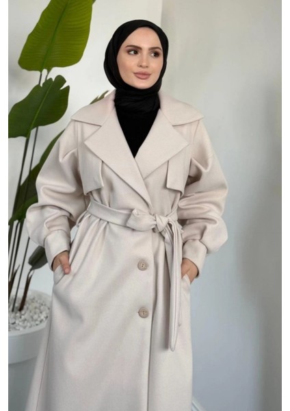 Danisa Cepkenli Astarlı Balon Kol Tesettür Kaban- Krem fiyatları