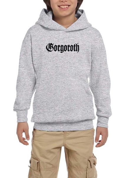 Gorgoroth Text Logo Gri Çocuk Kapşonlu Sweatshirt
