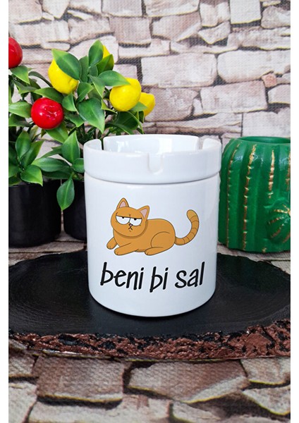 Beni Bi Sal-Bezgin Kedi Eğlenceli Hediyelik Baskılı Seramik Kapaklı Kokusuz Küllük