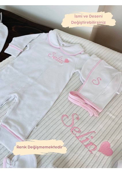 Isimli Hastane Çıkış Seti, Takı Yastığı %100 Pamuk 11 Parça 0-3 Ay Nakışlı