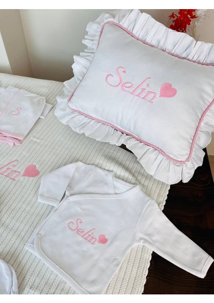 Isimli Hastane Çıkış Seti, Takı Yastığı %100 Pamuk 11 Parça 0-3 Ay Nakışlı