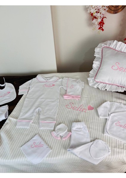 Isimli Hastane Çıkış Seti, Takı Yastığı %100 Pamuk 11 Parça 0-3 Ay Nakışlı