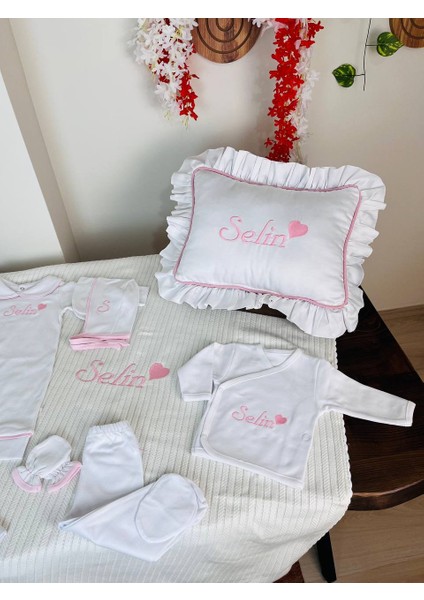 Isimli Hastane Çıkış Seti, Takı Yastığı %100 Pamuk 11 Parça 0-3 Ay Nakışlı