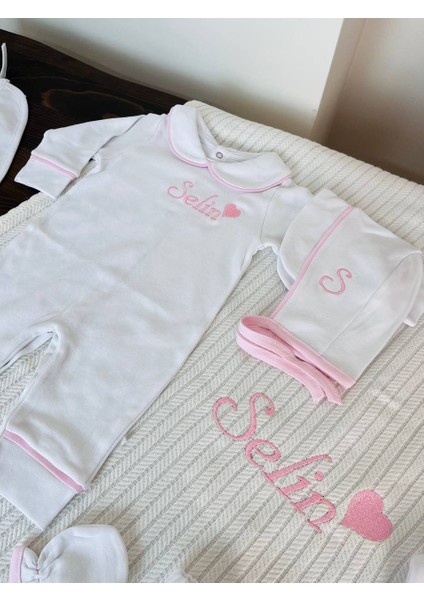 Isimli Hastane Çıkış Seti, Takı Yastığı %100 Pamuk 11 Parça 0-3 Ay Nakışlı