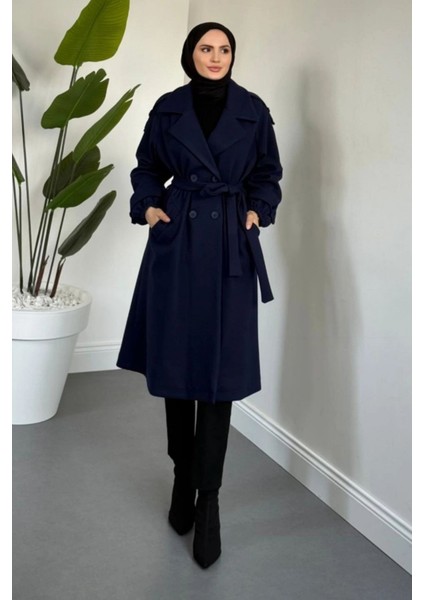 Glaze Astarlı Kolları Büzgülü Kaşe Tesettür Kaban- Lacivert Standart (38-44 Uyumlu)