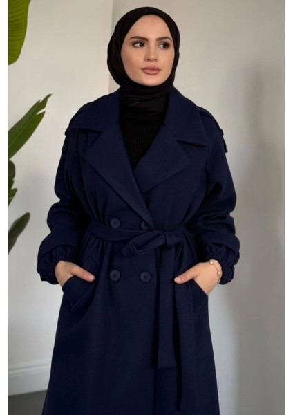 Glaze Astarlı Kolları Büzgülü Kaşe Tesettür Kaban- Lacivert Standart (38-44 Uyumlu) modelleri