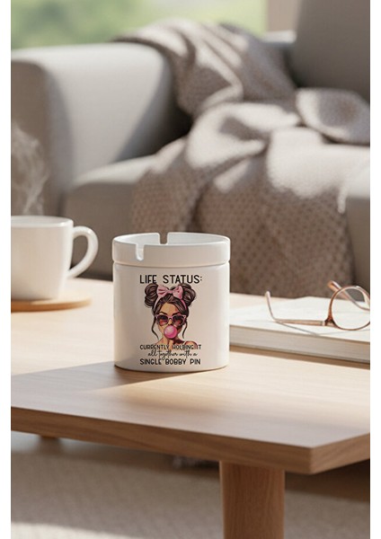 Life Status Baskılı Seramik Kapaklı Kokusuz Küllük