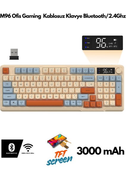 Ziyoulang M96 Bluetooth/2.4g Kablosuz Klavye Işıklı USB Type-C Kablolu Şarj Gösterge Panelli