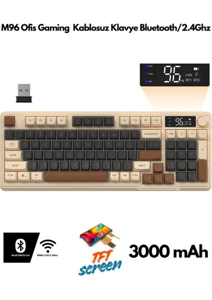 Freewolf M96 Bluetooth/2.4g Kablosuz Klavye Işıklı USB Type-C Kablolu Şarj Gösterge Panelli