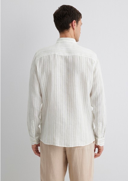 Keten Karışımlı Yeşil Çizgili Ekru Gömlek 0211525-71481