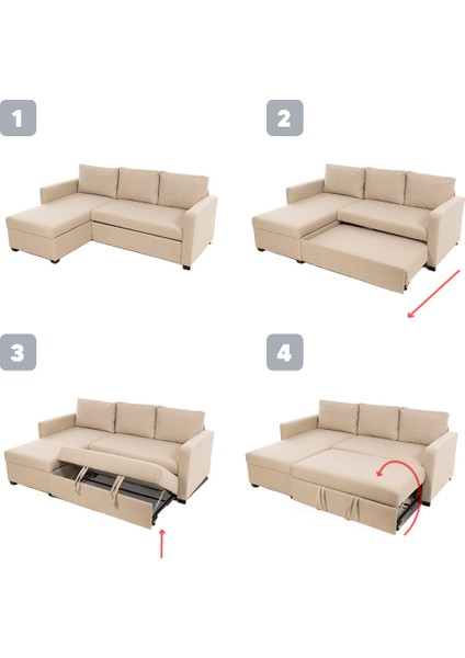 Kado Yataklı Köşe Koltuk Takımı - Keten Krem