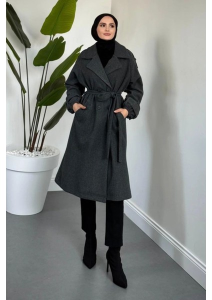 Glaze Astarlı Kolları Büzgülü Kaşe Tesettür Kaban- Füme Standart (38-44 Uyumlu)
