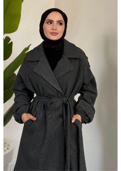 Glaze Astarlı Kolları Büzgülü Kaşe Tesettür Kaban- Füme Standart (38-44 Uyumlu) modelleri